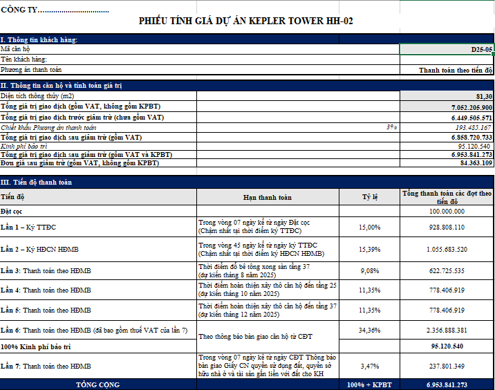 Căn hộ 3PN chung cư TSQ Kepler Land 103m2 2